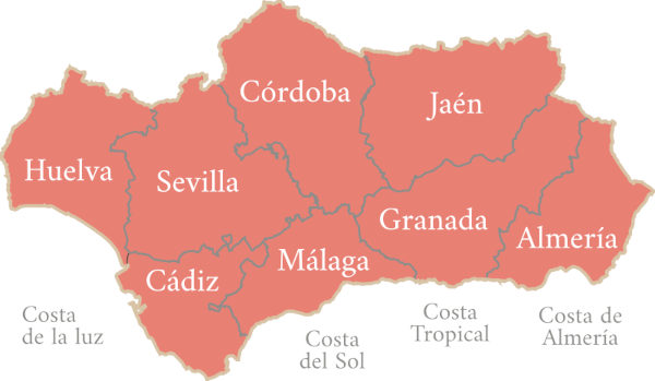 Kaart van Andalusië met de 8 provincies