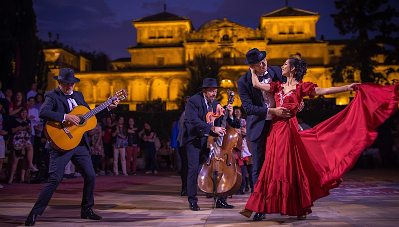 Flamencofestival in Granada, Spanje: gitaristen die samen met gepassioneerde dansers spelen, een sfeervol avondoptreden, met op de achtergrond het Alhambra of de historische architectuur van Granada, warme Spaanse verlichting, een cultureel feest van muziek en dans