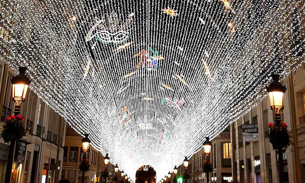 Shooping street Calle Larios Malaga with Christmas decoration