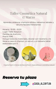 Poster for a natural cosmetics workshop at Casa Alazuytun in March in Canillas de Aceituno