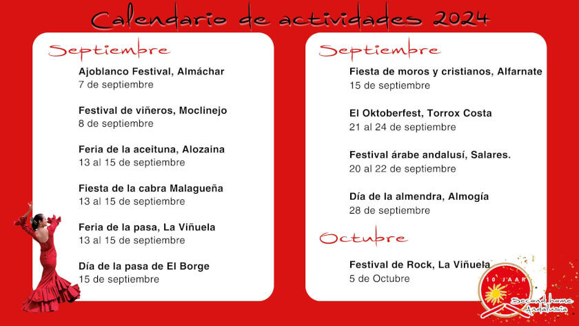 A calendar showing the activities in the Axarquía in September 2024