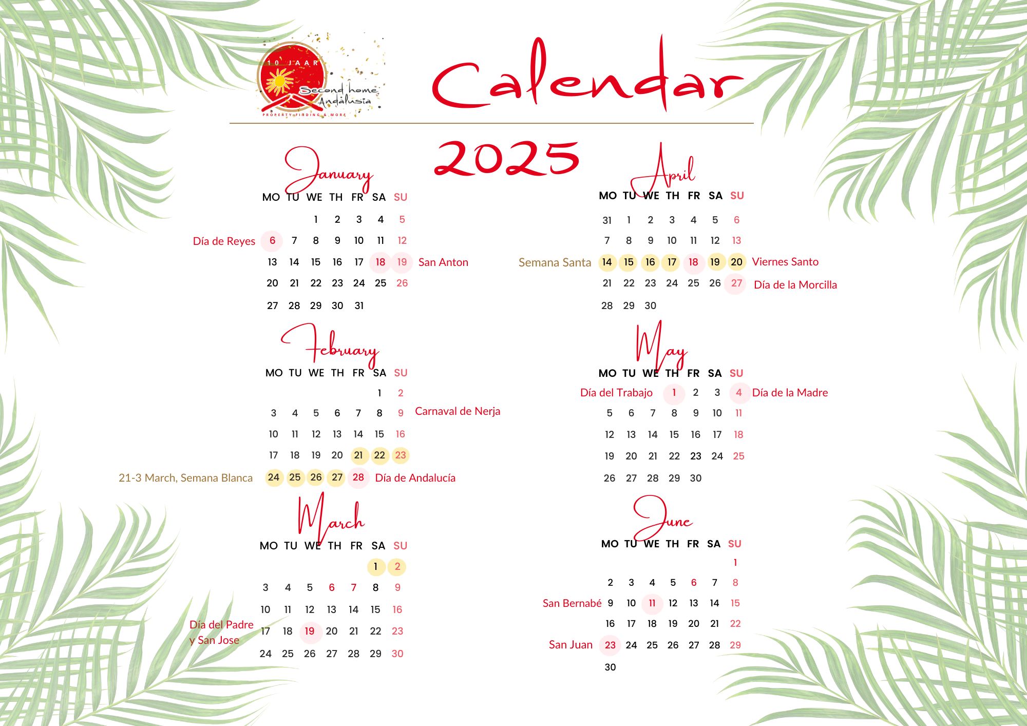 Kalender met de activiteiten in de Axarquía eerste helf 2025