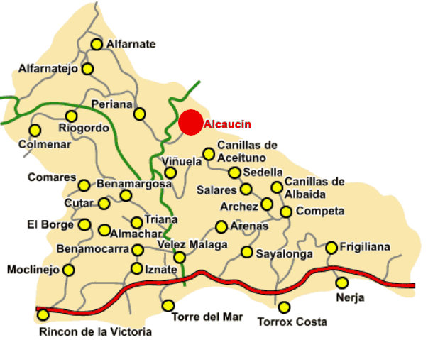  Einfache Karte der Axarquia mit Alcaucin als roten Punkt