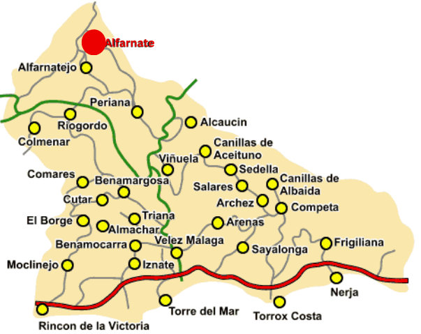 Simple map of the Axarquia with Alfarnate as a red dot
