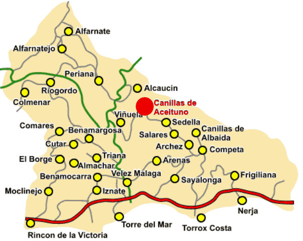  Einfache Karte der Axarquia mit Canillas de Aceituno als roten Punkt