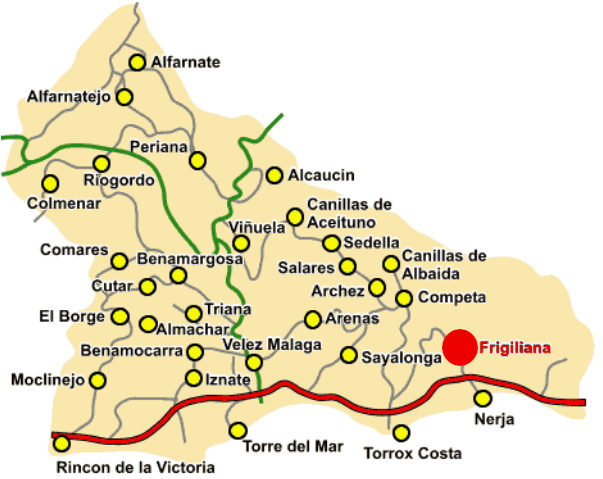 Simple map of Axarquia with Frigiliana marked as a red dot.