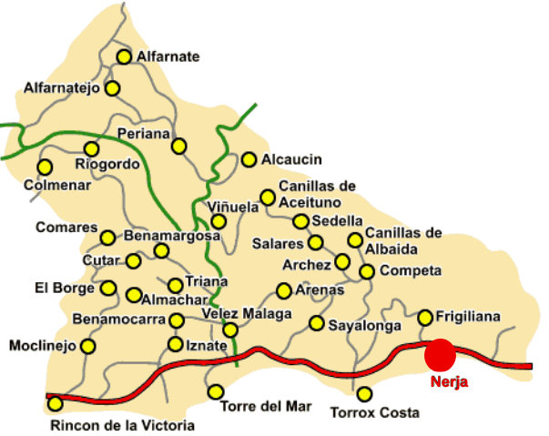  Eenvoudige kaart van de Axarquia met Nerja als rode stip.