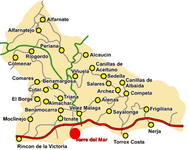 Einfache Karte der Axarquia mit Torre del Mar als roten Punkt