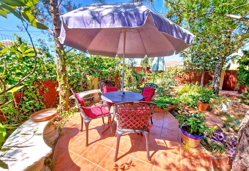 The woodland garden has a nice place sitting with sun umbrella with trees giving shadows