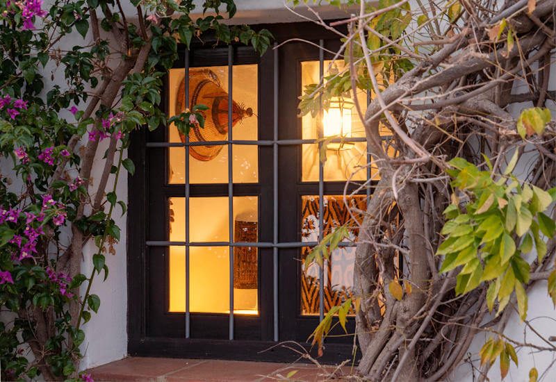 Overgrown glass patio door with iron to secure it.