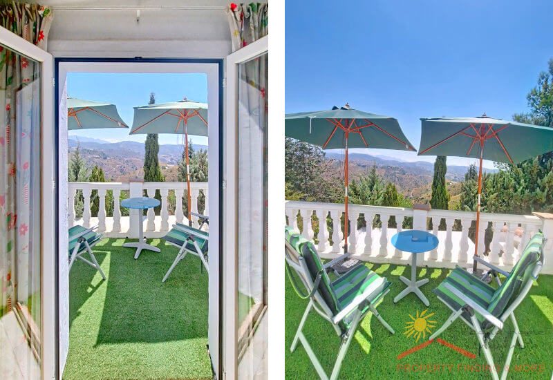 Two pictures of the balcony of the Studio from within two seats, sun umbrellas and nice view