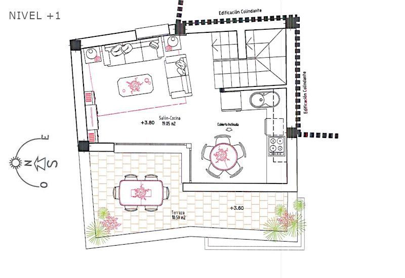 Plattegrond van niveau +1 met keuken, salon en terras.