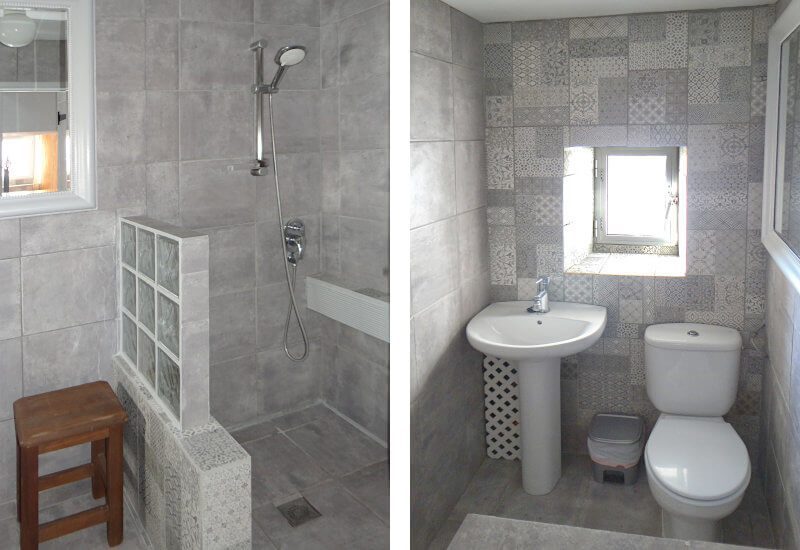 Bathroom with shower, toilet and small window