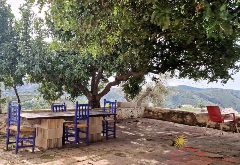 Sit on the Communal terrace in Salares under the tree in the shadow