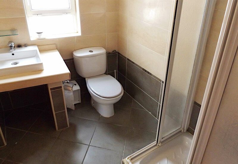 Ensuite badkamer met toilet, douche en een klein raam.