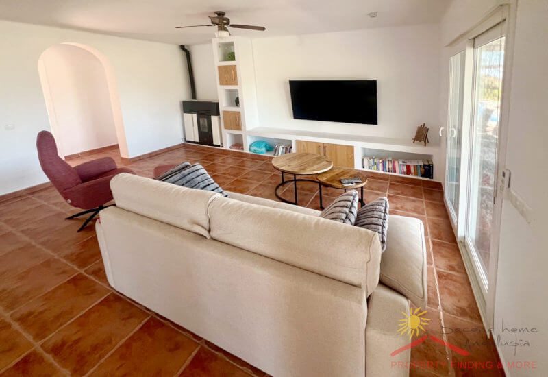 Living room with sofa and armchair, modern wood-burning stove and television