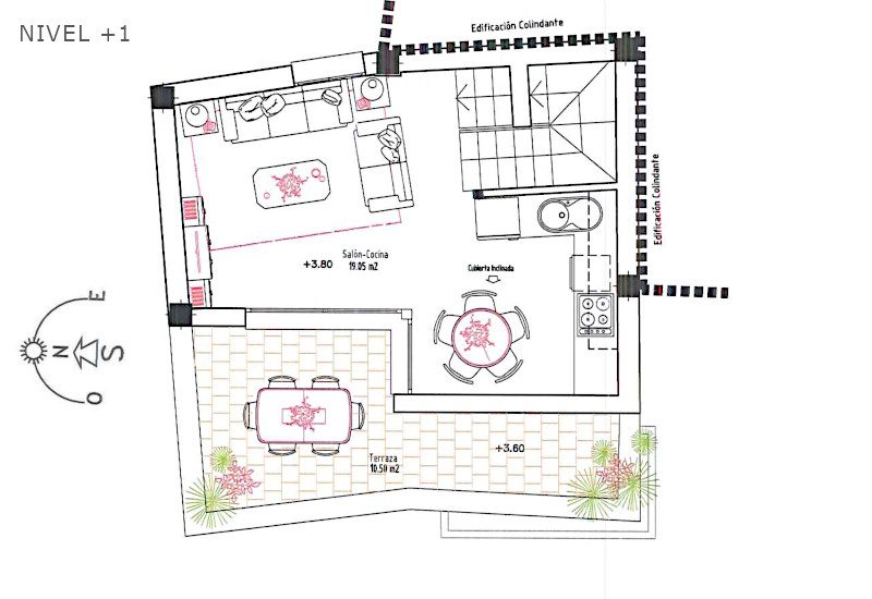 Grundriss der Ebene +1 mit Küche, Salon und Terrasse.
