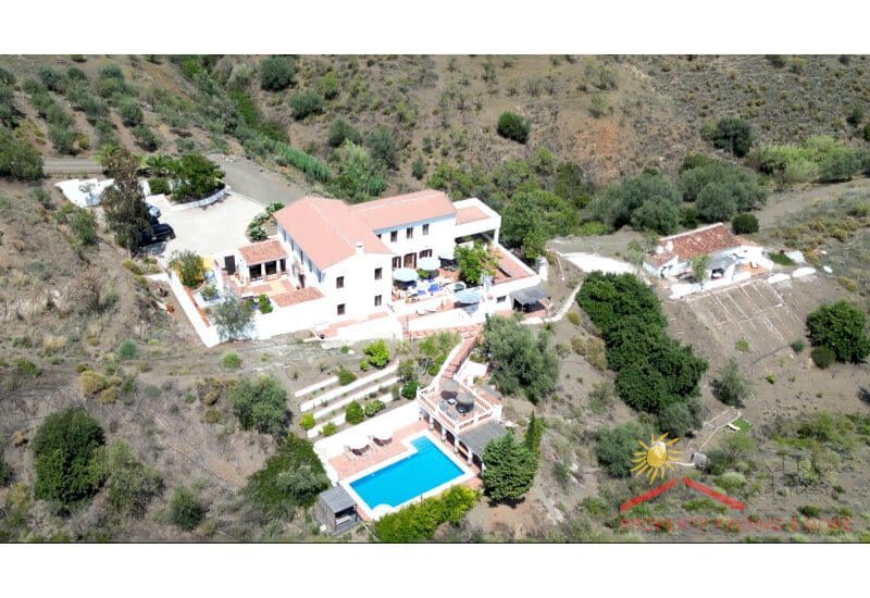 Drone view of Cortijo La Zapatera with houses and pool