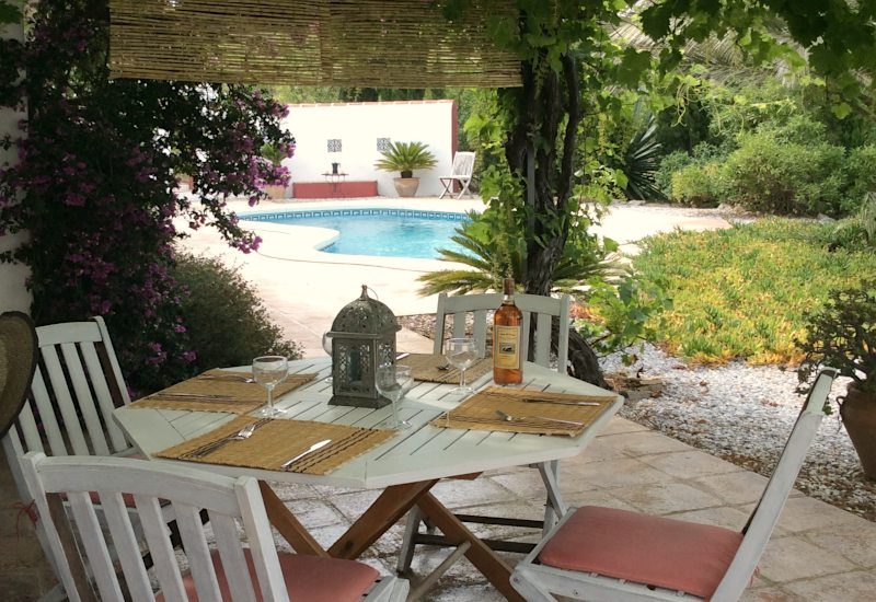 Table for lunch in the shadow of the wine with pool in the background