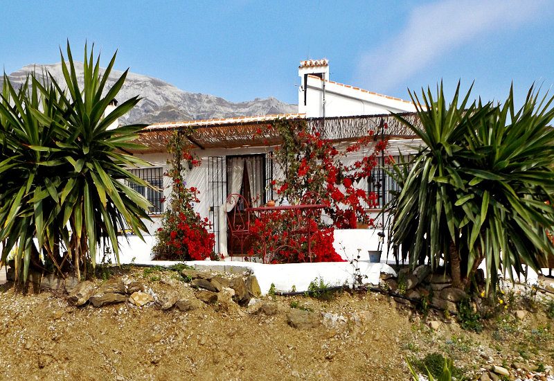 Casa el Faro front view with Yuccas in the garden.