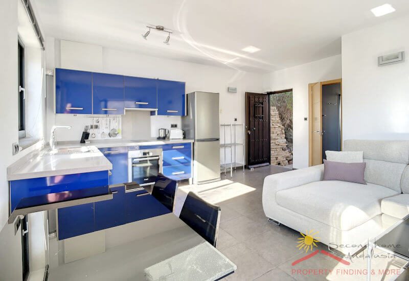 The apartment overview with sitting area in the front, kitchen at the window, and a sitting/sleep area