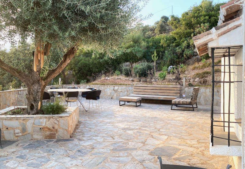 Rustic terrace with natural stones and old trees 
